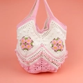 Borsa tote all'uncinetto fatta a mano con strisce bianche e rosa e fiori 3D - Rosa - Nuova Borsa Cesto Margherita