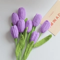 Handmade knitted purple tulip bouquet with 7 realistic cotton yarn flowers and green leaves - Closed Tulip Single Finished Product / Purple