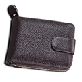 Dark brown lychee pattern leather card wallet with gold zipper and secure snap closure - RFID Coffee (KB10)