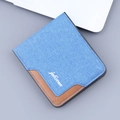 Short tri-fold men's canvas wallet in light blue and brown leather patchwork design - Tri-fold Canvas Style / Blue