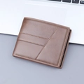 Short vintage brown men's bi-fold wallet in cracked leather texture with diagonal stitching - Horizontal Style 132 / Light Coffee