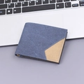 Men's dark blue denim canvas short bifold wallet with light brown patchwork detail - Blue