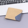 Men's khaki and navy denim canvas bifold short wallet with stitching details - Brown