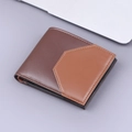 Men's bifold wallet with two-tone brown leather patchwork and refined stitching design - Deep Brown