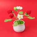 Handmade crochet strawberry potted plant with three red berries and white flowers on red background - Four Strawberries With Two Flowers