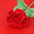 Handmade crochet red rose flower with green leaves for home decor and romantic gifts - Red
