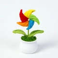 Detailed close-up showing the handmade crochet windmill flower textures and white ceramic pot - Orange Windmill Potted Plant (Double Leaf)