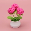 Handmade crochet potted plant with three pink roses in a white ceramic mini vase - Rose Red