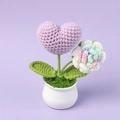 Detailed handmade crochet lavender heart and rainbow rose flower in a white pot - Purple Heart Rose Potted Plant