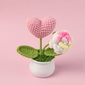 Handmade crochet rose and heart potted plant on white ceramic base for desk decor - Pink Heart Rose Potted Plant