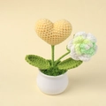 Close-up of handmade crochet heart and rose miniature potted plant desk decor - Yellow Heart Rose Potted Plant