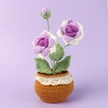 Handgefertigter Häkelblumentopf mit lila Rosen und Spitze auf lila Hintergrund - 2 Blumen 1 Knospe Rose Topfpflanze / Lila