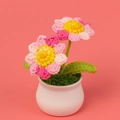 Handgefertigte gehäkelte rosa Blume im weißen Keramiktopf auf rosa Hintergrund - Verlaufsrosa