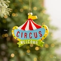 Circus tent Christmas tree ornament with red and white stripes and colorful dots - Welcome Sign