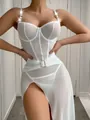 Close-up of white sheer mesh lingerie featuring pearl straps and a rhinestone buckle detail - S / White