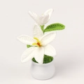 Handmade crochet lily potted plant with white flowers and yellow stamens in white ceramic pot - White