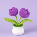Handmade crochet purple tulip potted plant with white ceramic base for desk decor - Purple Double Head Tulip