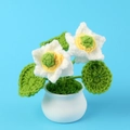 Mini planta de loto blanco de ganchillo hecha a mano en maceta de cerámica blanca - Estilo de Varias Hojas / Blanco