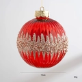 Boule de Noël rouge 15cm avec côtes verticales et bande de paillettes dorées - Grande Boule Rouge 15cm
