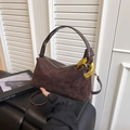 Vintage brown suede handbag with gold chain detail and crossbody leather strap - Brown