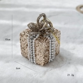 Champagne gold gift box Christmas ornament with glitter and white pearls, 10x6cm size - Golden Gift Box Shape Hanging Ornament (Style 10)