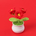 Detail of handmade crochet red lily of the valley flowers in a white pot on red background - Red