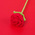 Close-up of handmade crochet red rose showing detailed yarn texture and petals - Red