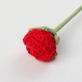 Macro detail of handmade crochet red rose with intricate knit textures and green sepals - Bubble Rose Stem / Red