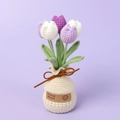 Detailed view of handmade crochet tulip bouquet in beige pot with Hand Made leather tag - Gradient Purple Tulip (Vase Base)