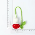 Handmade crochet red mushroom pendant size measurement showing 15cm length with ruler - Finished Red Mushroom Pendant