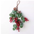 Christmas wreath with red berries, frosted pine needles, and pine cones on white background - Christmas Pine Cone Hanging Swag