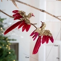 Pendaglio colibrì natalizio in piume rosso scuro con paillettes dorate per decoro - Rosso