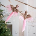 Ornamenti a forma di colibrì con piume rosa e paillettes dorate per albero di Natale - Rosa