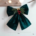 Dark green velvet Christmas bow ornament with gold bells and berries, size 35x30cm - L Green