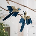 Set di due colibrì decorativi in piume blu scuro con paillettes dorate, misura 12-13cm - Blu
