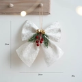 White velvet Christmas bow hanging ornament with red berries and golden bells, 25cm - Medium White