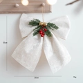 Velvet beige Christmas bow with red berries and golden bells hanging for decoration - Large White