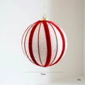 Pallina di Natale 12cm a strisce rosse e bianche con velluto e paillettes argentate - Sfera Singola 12cm