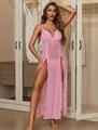 Detail of pink mesh nightgown featuring delicate lace trim and high side slit design - S / Pink