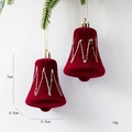 Set of two vintage red flocked Christmas bell ornaments with silver glitter patterns - Bell