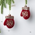 Red flocked Christmas mitten ornament with gold glitter snowflake detail and measurements - Gloves