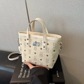 Mini beige bucket bag with brown teddy bear print and adjustable crossbody strap - With Pendant / Beige