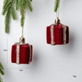 Red flocked Christmas gift box ornament with gold glitter ribbon and hanging string - Gift Box