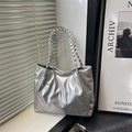 Silver metallic tote bag with pleated design and woven handle for women - Diagonal Pleated (6774) / No Pendant / Silver