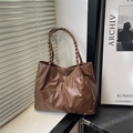 Coffee brown pleated faux leather tote bag with unique woven handles and ribbed texture - Diagonal Pleated (6774) / No Pendant / Brown