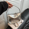 Chic silver metallic small square handbag with fashion label and chain strap - Silver