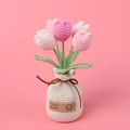 Handmade crochet pink tulip bouquet in a woven bag base with a Hand Made label - Gradient Pink Tulip (Vase Base)