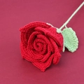 Handmade crochet red rose with green leaves, exquisite knitted eternal flower gift - Burgundy
