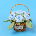 Detail of hand-knitted light blue crochet roses in a brown basket with a lovely bear label - Gradient Blue Rose Small Flower Basket