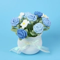 Handmade crochet blue rose potted plant with white vase and ribbon for home decoration - Gradient Blue Rose